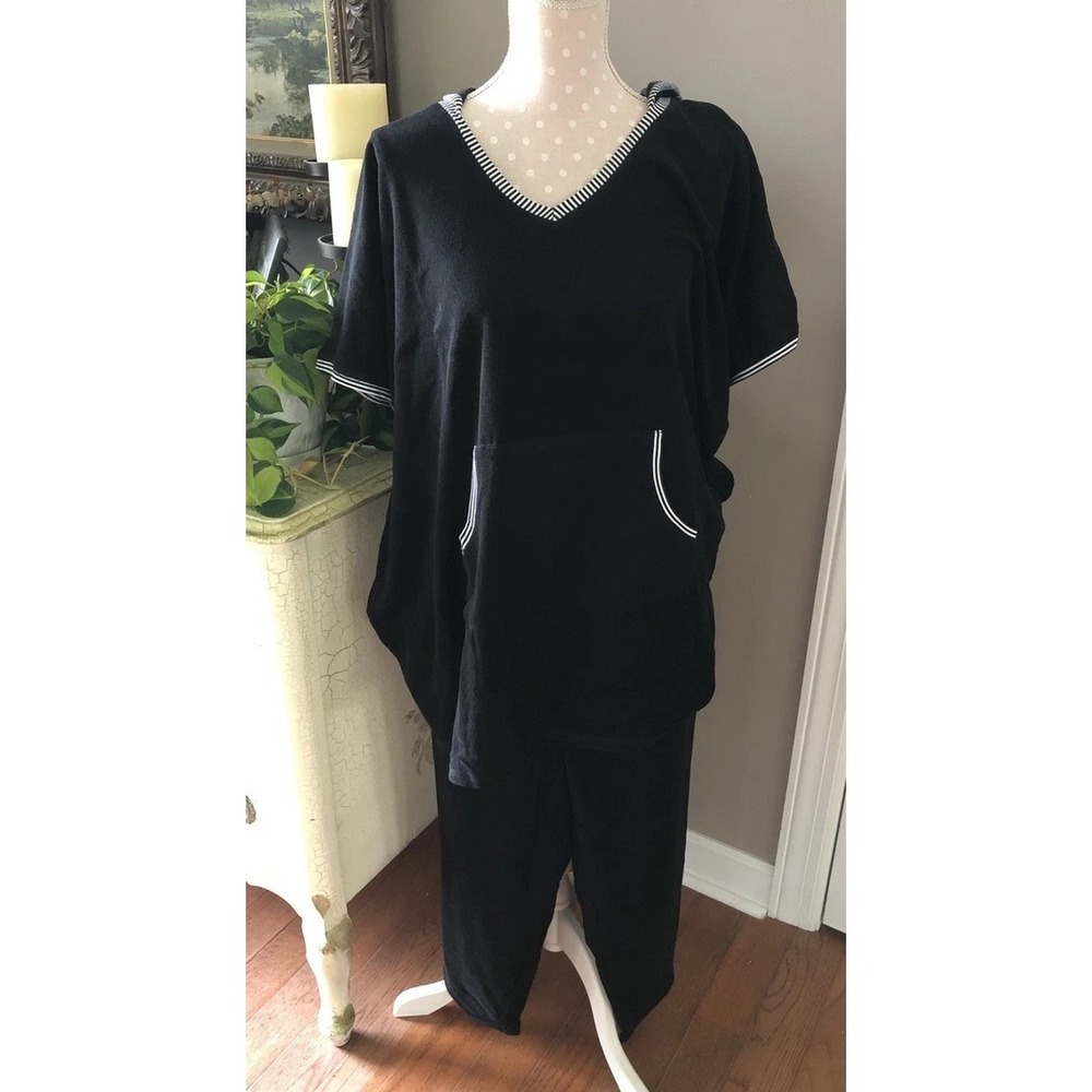 Carole Hochman 2X Terry Cloth 2 Piece Lounge Set With Hood Black A302169-NEW